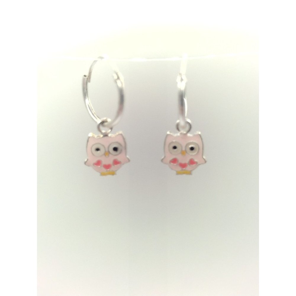 Sterling Silver 925 Stamped Kids Girls Child Pink Owl Hoop Earrings